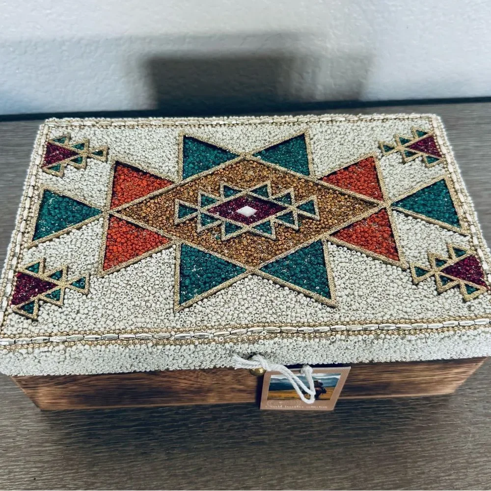 Southwest Western Aztec Tribal Beaded Teal Orange Gold Decor Storage Box